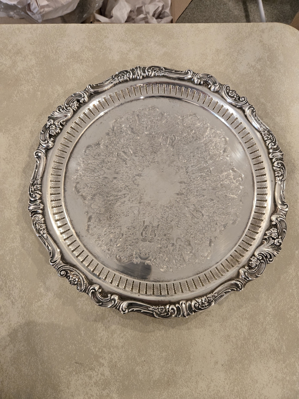 Ornate Silver Serving Tray - Decorative Round Home Dining Platter